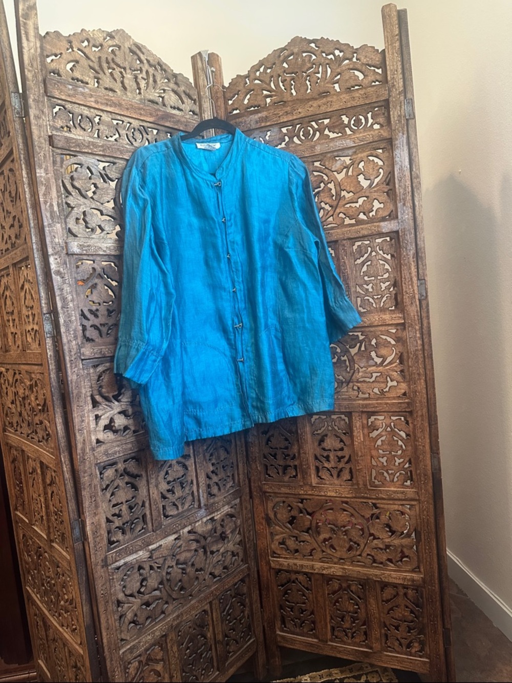 Teal/turquoise Blue Button-Front Mandarin Collar Jacket